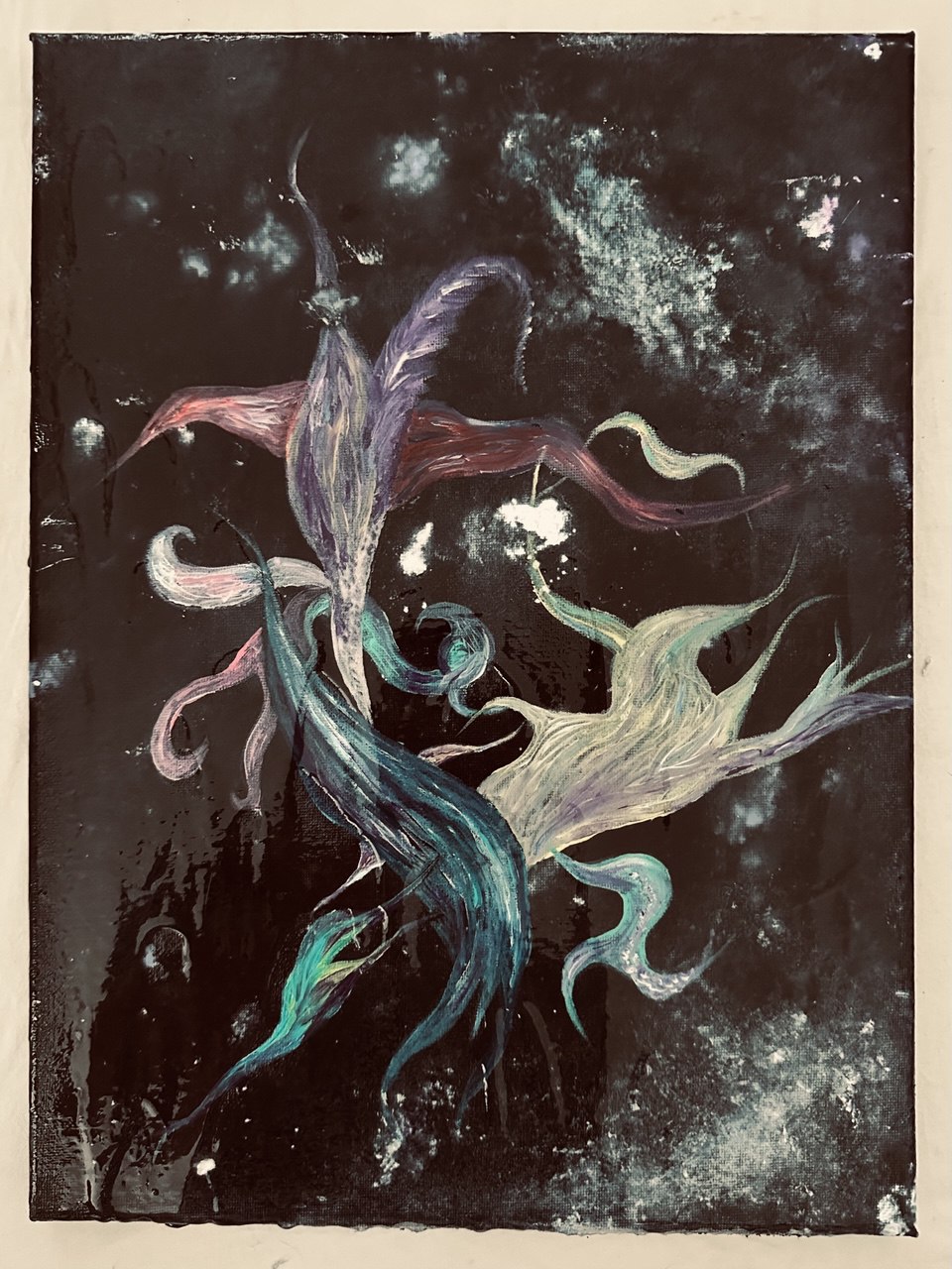 A dark, cosmic-looking canvas with misty speckles and a central, ribbon-like form in teal, violet, and pale gold.